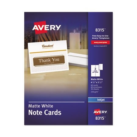 Avery Dennison Avery, Note Cards For Inkjet Printers, 4 1/4 X 5 1/2, Matte White W/envelopes, 60PK 8315